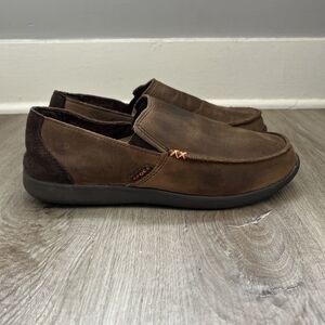 Crocs Santa Cruz Moccasins Mens 9 Brown Leather Slip On Casual Loafer Shoes